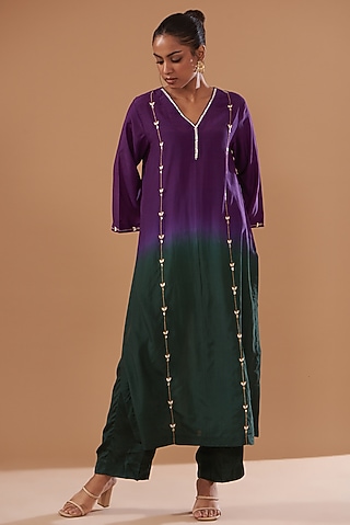 Purple & Green Ombre Cotton Silk Embroidered Kurta Set by The Pot Plant