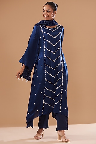 Blue Cotton Silk Embroidered Kurta Set by The Pot Plant