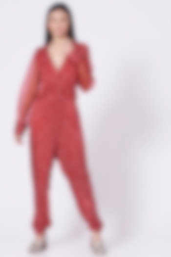 Dark Pink Jumpsuit With Hand-Done Bandhani Work by The Pot Plant