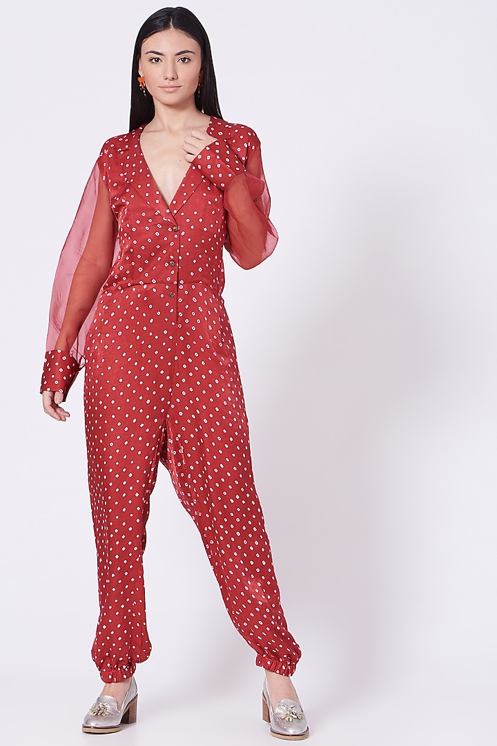 Dark Pink Jumpsuit With Hand-Done Bandhani Work by The Pot Plant