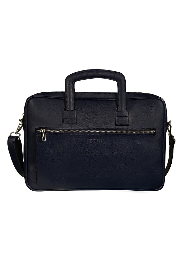Navy Blue Handcrafted Faux Leather Laptop Bag by The House Of Ganges Men at Pernia's Pop Up Shop
