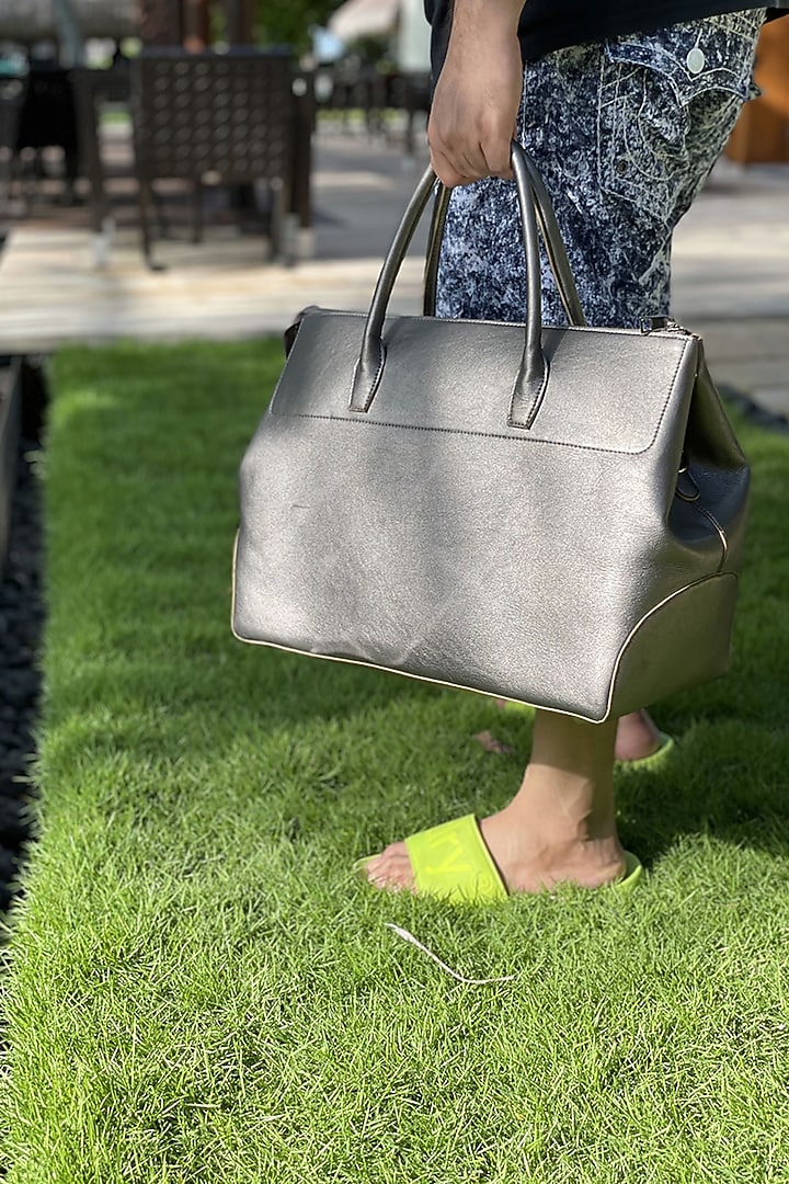 Grey Vegan Leather Duffle Bag by The House Of Ganges Men at Pernia's Pop Up Shop