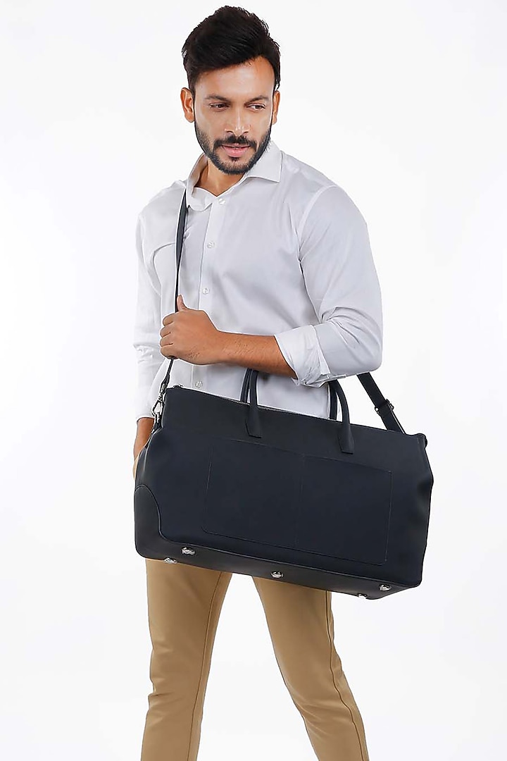 Navy Blue Vegan Leather Duffle Bag by The House Of Ganges Men at Pernia's Pop Up Shop