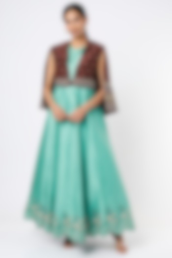 Sky Blue Embroidered Gown With Cape by THE HOUSE OF KOSH at Pernia's Pop Up Shop