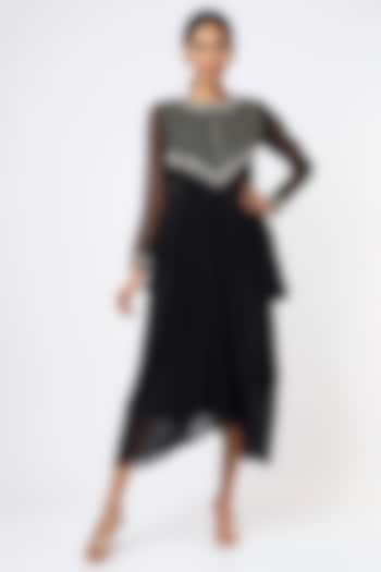 Black Embroidered Asymmetrical Cowl Dress by THE HOUSE OF KOSH