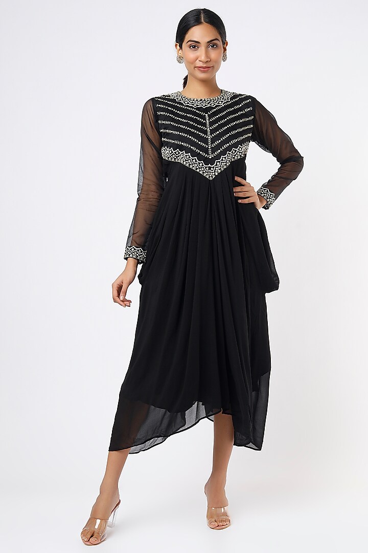 Black Embroidered Asymmetrical Cowl Dress by THE HOUSE OF KOSH