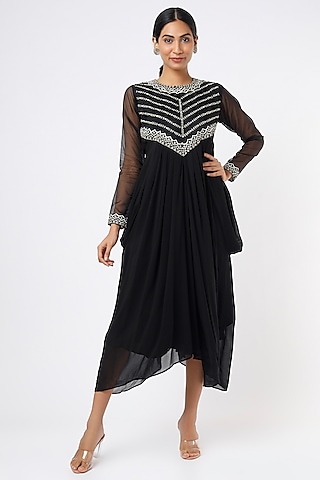 Black Embroidered Asymmetrical Cowl Dress by THE HOUSE OF KOSH
