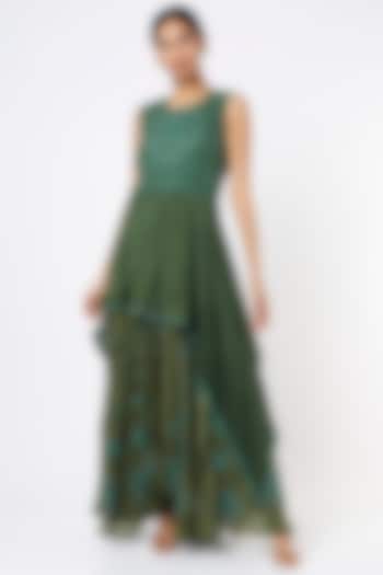 Emerald Green Embroidered Layered Gown by THE HOUSE OF KOSH