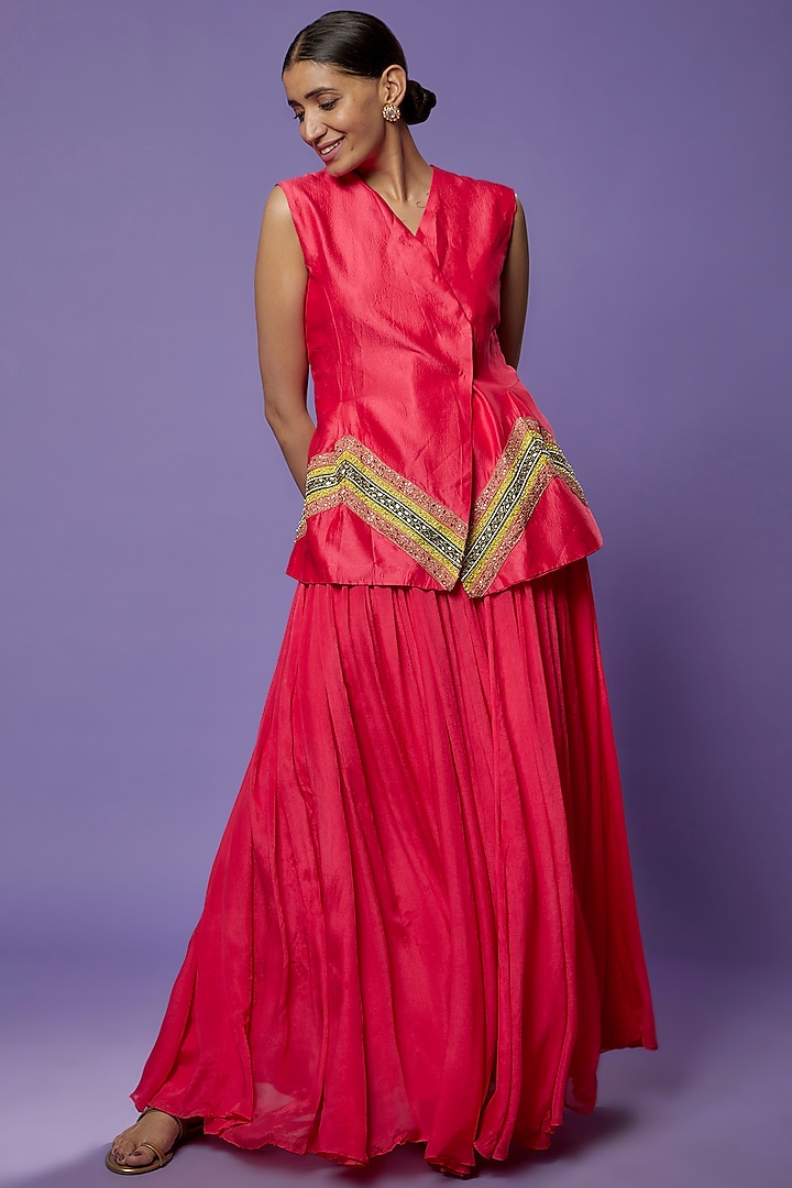 Hot Pink Silk Embroidered Jacket Set by THE HOUSE OF KOSH