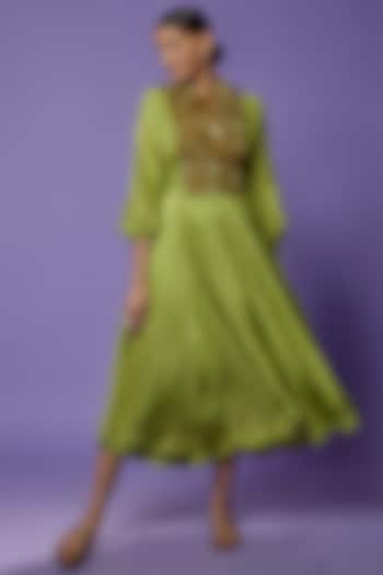 Moss Green Silk Embroidered Jacket Dress by THE HOUSE OF KOSH