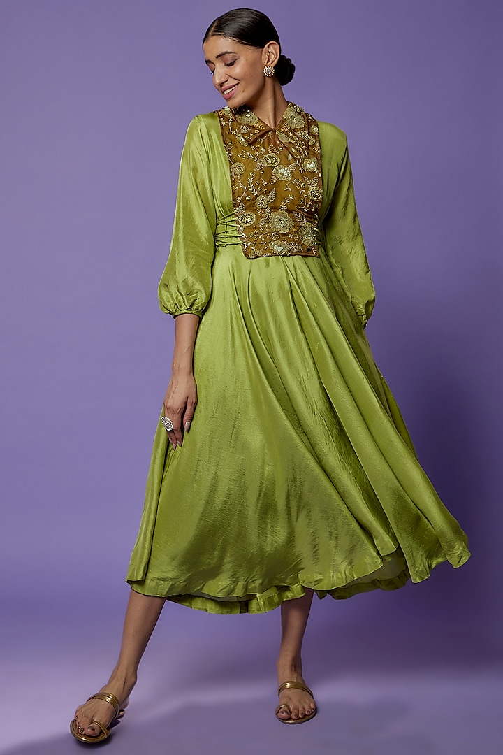 Moss Green Silk Embroidered Jacket Dress by THE HOUSE OF KOSH