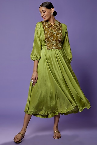 Moss Green Silk Embroidered Jacket Dress by THE HOUSE OF KOSH