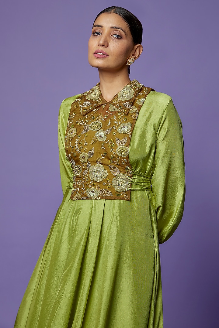 Moss Green Silk Embroidered Jacket Vacation Dress by THE HOUSE OF KOSH at Pernia's Pop Up Shop