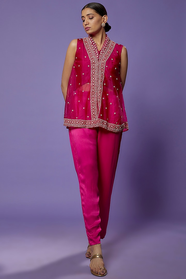 Magenta Silk Embroidered Jacket Set by THE HOUSE OF KOSH