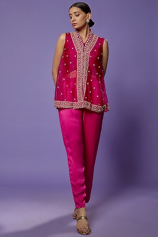 Magenta Silk Embroidered Jacket Set by THE HOUSE OF KOSH