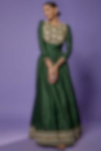 Emerald Green Silk Embroidered Gown by THE HOUSE OF KOSH