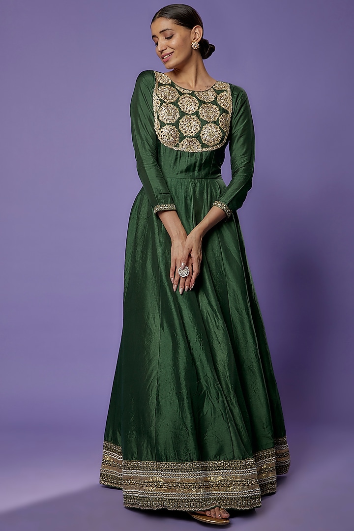Emerald Green Silk Embroidered Gown by THE HOUSE OF KOSH