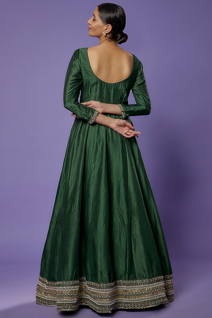 Emerald Green Silk Embroidered Party Wear Gown by THE HOUSE OF KOSH at Pernia's Pop Up Shop