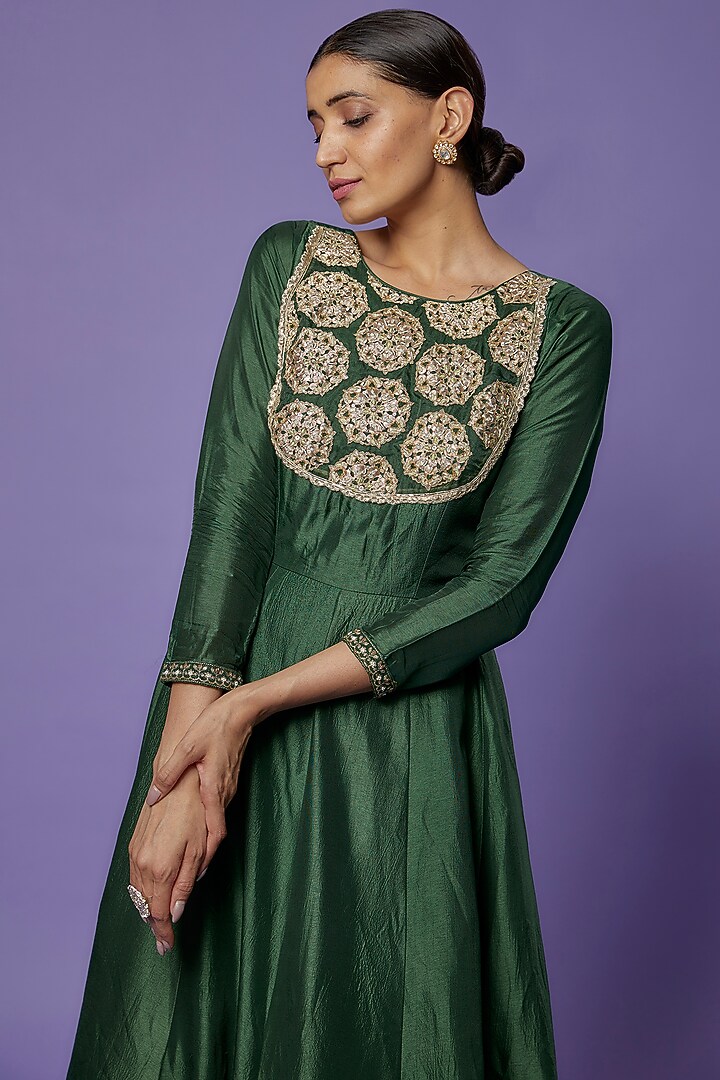 Emerald Green Silk Embroidered Party Wear Gown by THE HOUSE OF KOSH at Pernia's Pop Up Shop