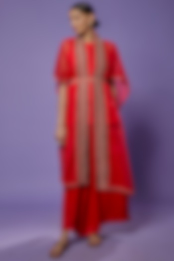 Red Silk Embroidered Cape Set by THE HOUSE OF KOSH