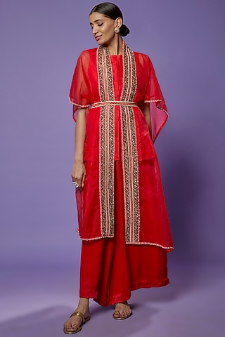Red Silk Embroidered Cape Set by THE HOUSE OF KOSH