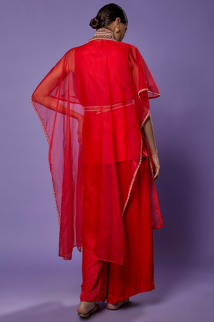 Red Silk Embroidered Cape Set by THE HOUSE OF KOSH at Pernia's Pop Up Shop