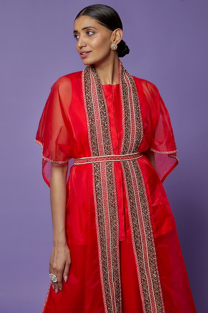 Red Silk Embroidered Cape Set by THE HOUSE OF KOSH at Pernia's Pop Up Shop