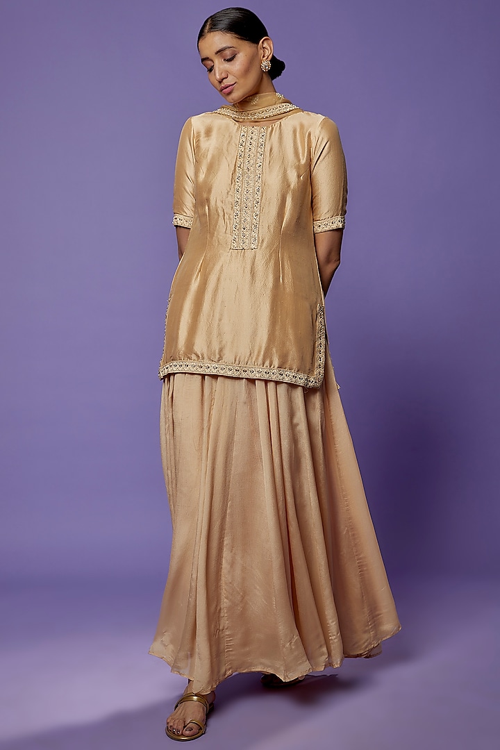 Champagne Silk Embroidered Sharara Set by THE HOUSE OF KOSH