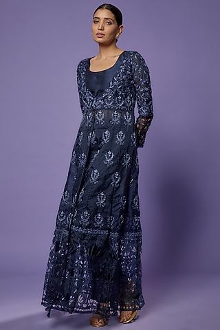 Navy Blue Organza Embroidered Jacket Set by THE HOUSE OF KOSH