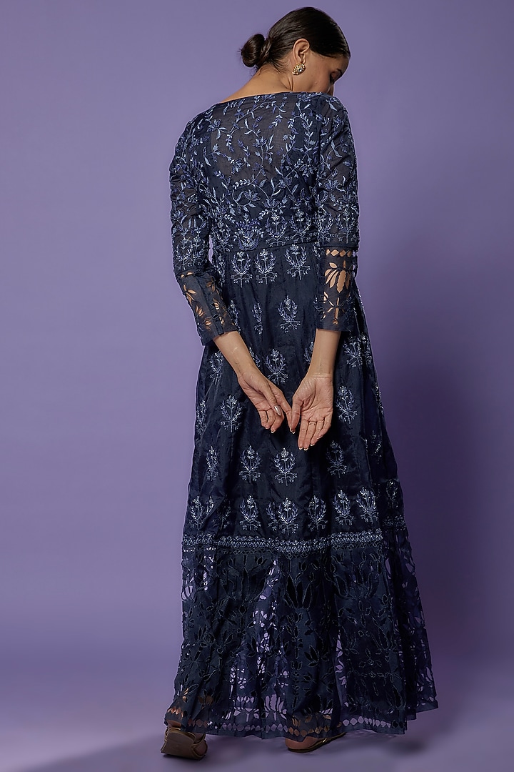 Navy Blue Organza Embroidered Jacket Set by THE HOUSE OF KOSH at Pernia's Pop Up Shop
