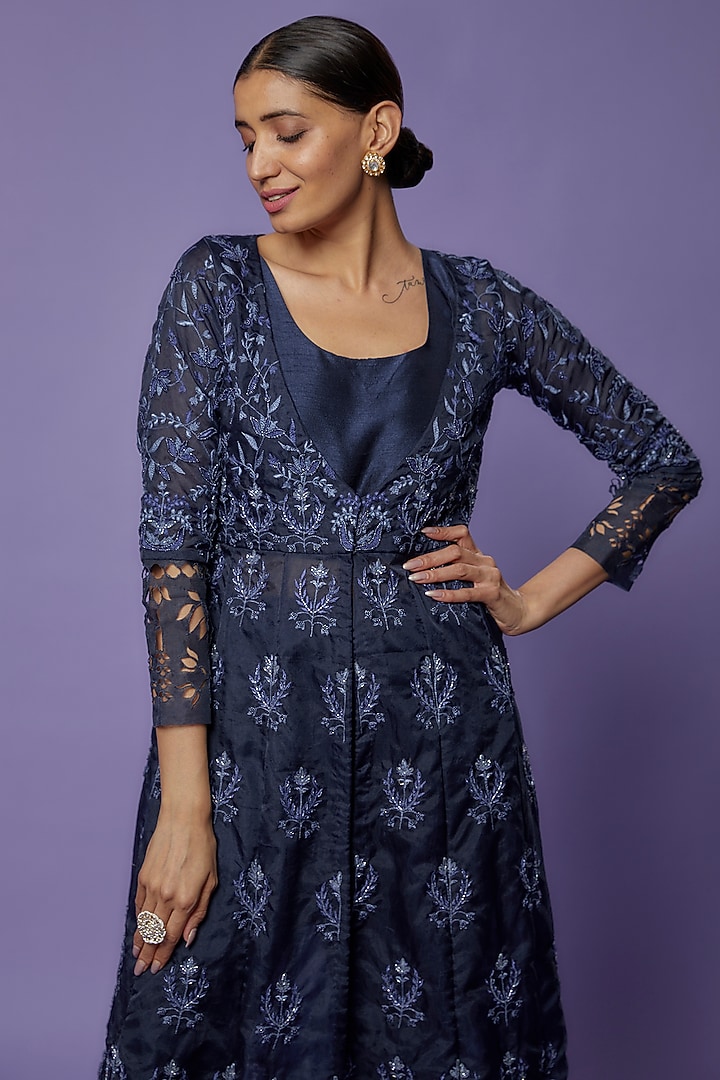Navy Blue Organza Embroidered Jacket Set by THE HOUSE OF KOSH at Pernia's Pop Up Shop
