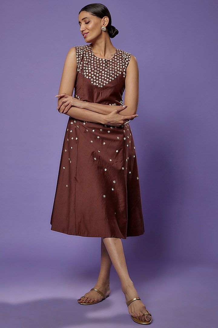 Brown Silk Embroidered Midi Dress by THE HOUSE OF KOSH