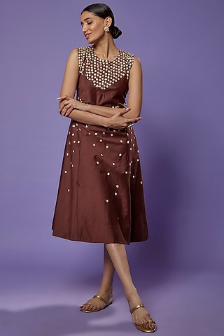 Brown Silk Embroidered Midi Dress by THE HOUSE OF KOSH