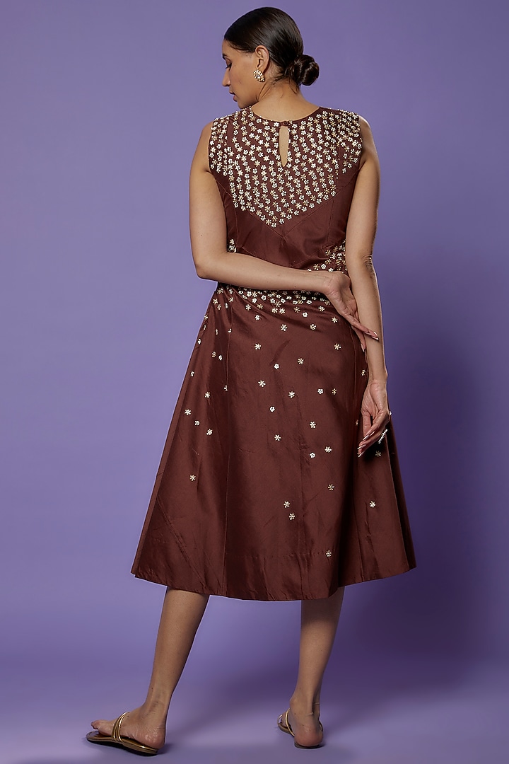 Brown Silk Embroidered Midi Vacation Dress by THE HOUSE OF KOSH at Pernia's Pop Up Shop