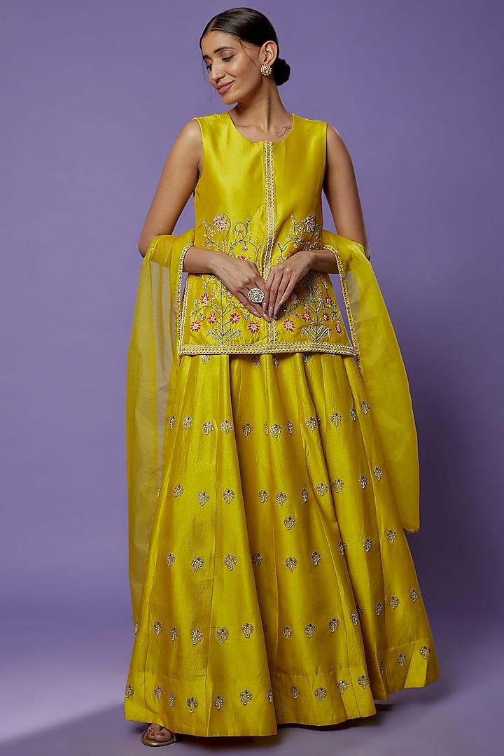 Lime Silk Embroidered Lehenga Set by THE HOUSE OF KOSH