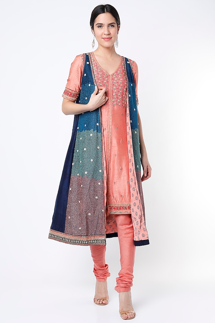 Geranium Pink Silk Zardosi Embroidered Kurta Set by THE HOUSE OF KOSH at Pernia's Pop Up Shop
