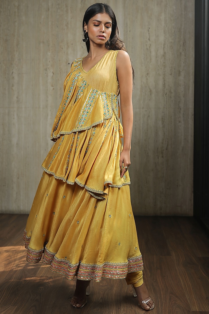Yellow Embroidered Tiered Kurta Set by THE HOUSE OF KOSH