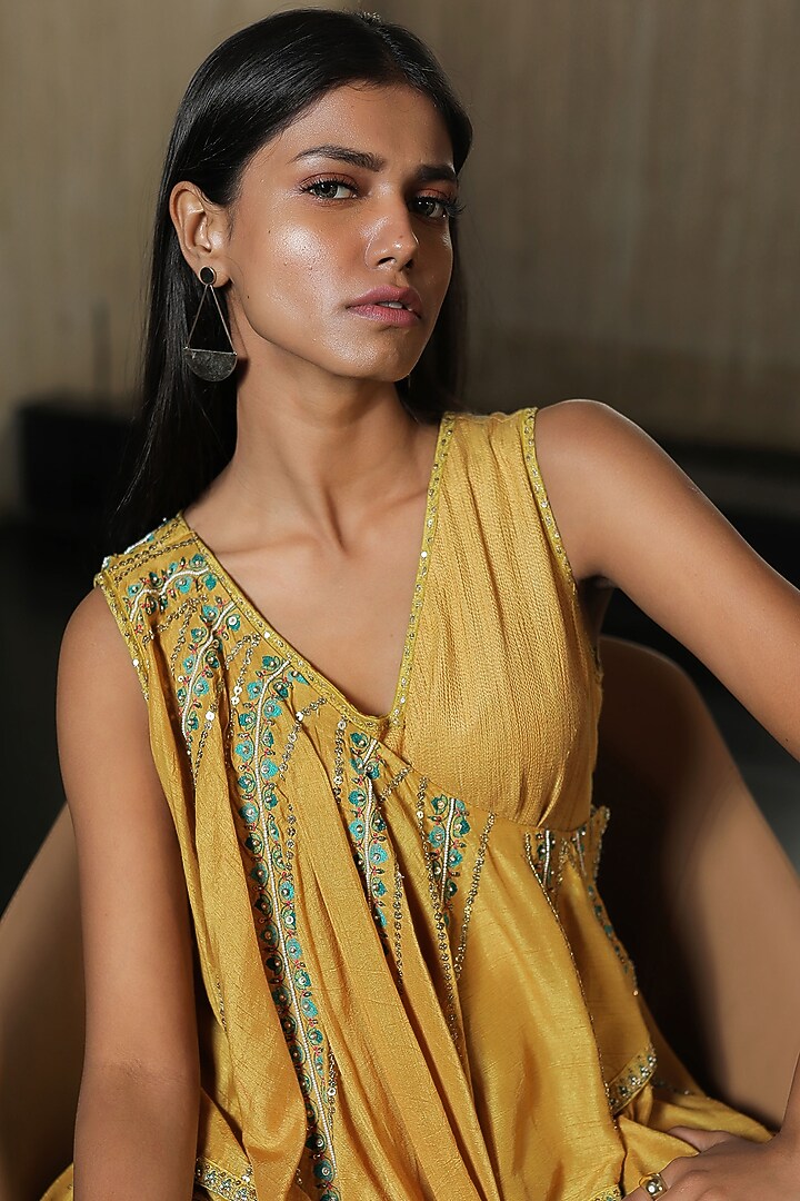 Yellow Embroidered Tiered Kurta Set by THE HOUSE OF KOSH at Pernia's Pop Up Shop