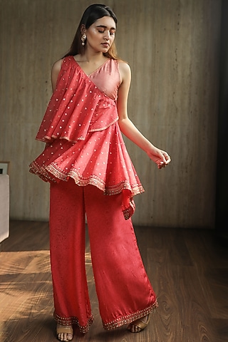 Blush Pink Embroidered Tiered Kurta Set by THE HOUSE OF KOSH