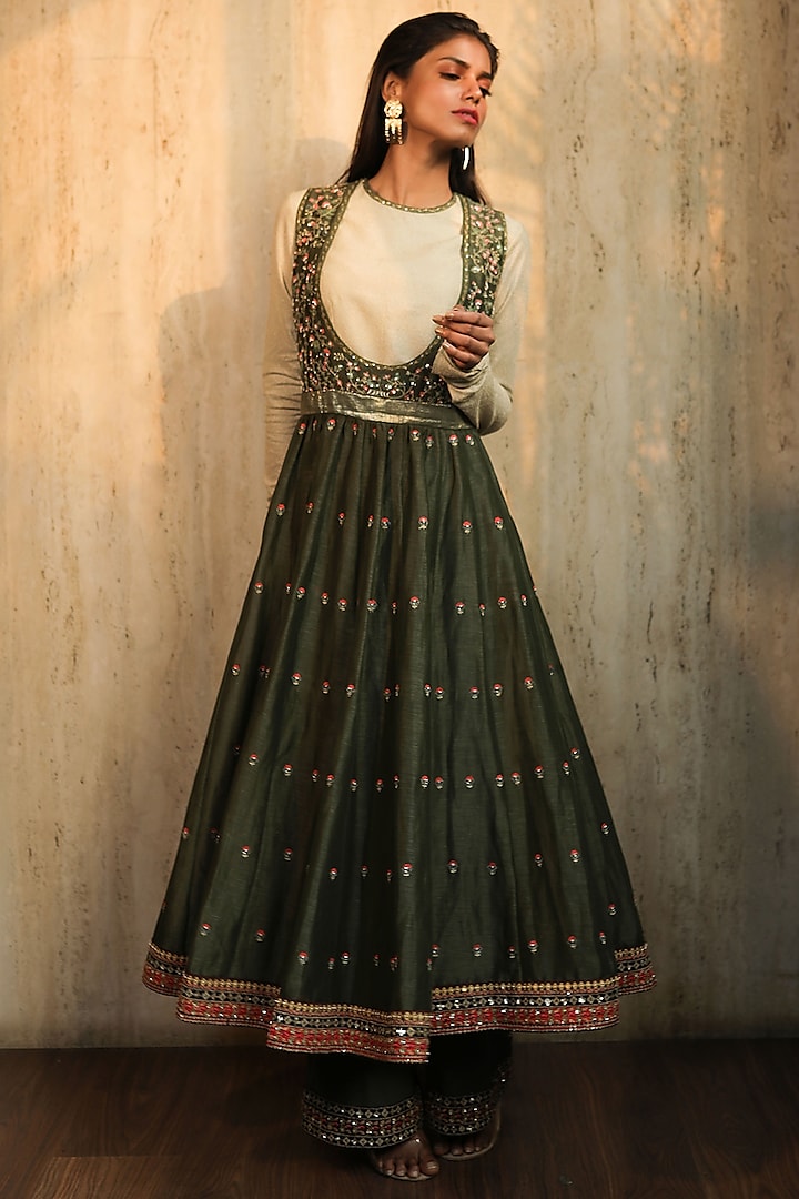 Olive Green & Ivory Embroidered Anarkali Set by THE HOUSE OF KOSH at Pernia's Pop Up Shop