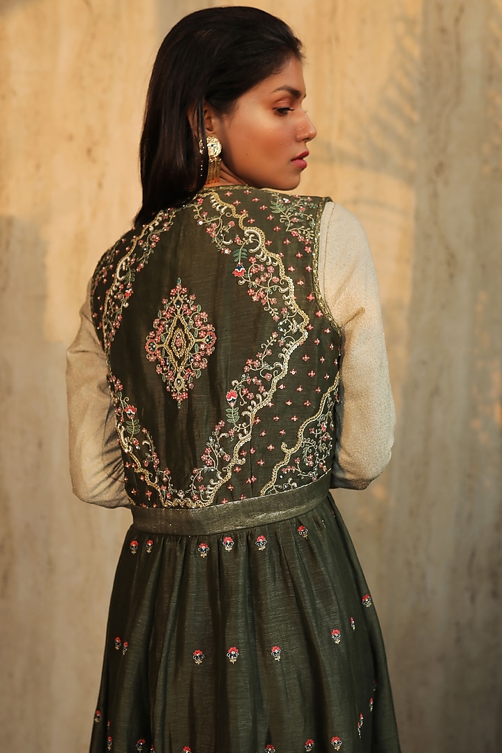 Olive Green & Ivory Embroidered Party Wear Anarkali Set by THE HOUSE OF KOSH at Pernia's Pop Up Shop