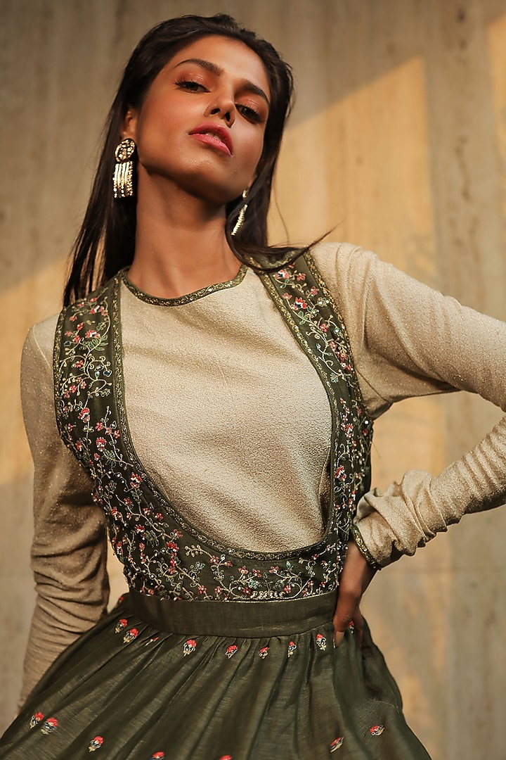 Olive Green & Ivory Embroidered Party Wear Anarkali Set by THE HOUSE OF KOSH at Pernia's Pop Up Shop