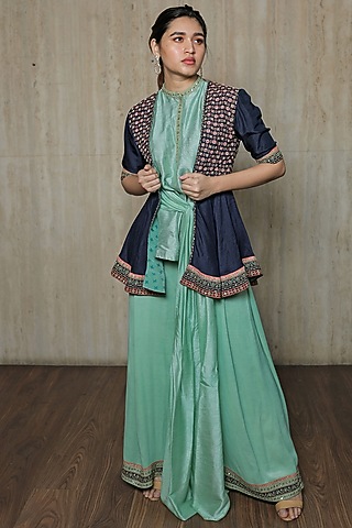 Sky Blue & Navy Blue Embroidered Jacket Set by THE HOUSE OF KOSH