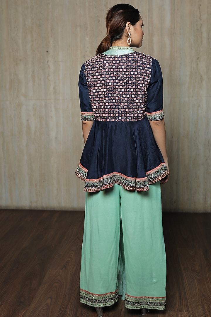 Sky Blue & Navy Blue Embroidered Jacket Set by THE HOUSE OF KOSH at Pernia's Pop Up Shop