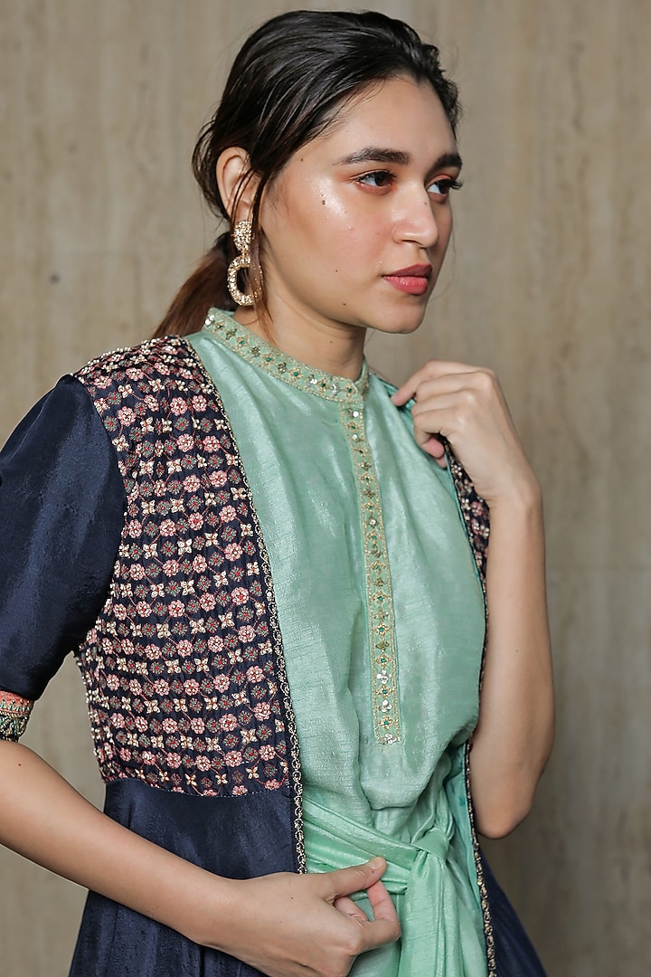 Sky Blue & Navy Blue Embroidered Jacket Set by THE HOUSE OF KOSH at Pernia's Pop Up Shop