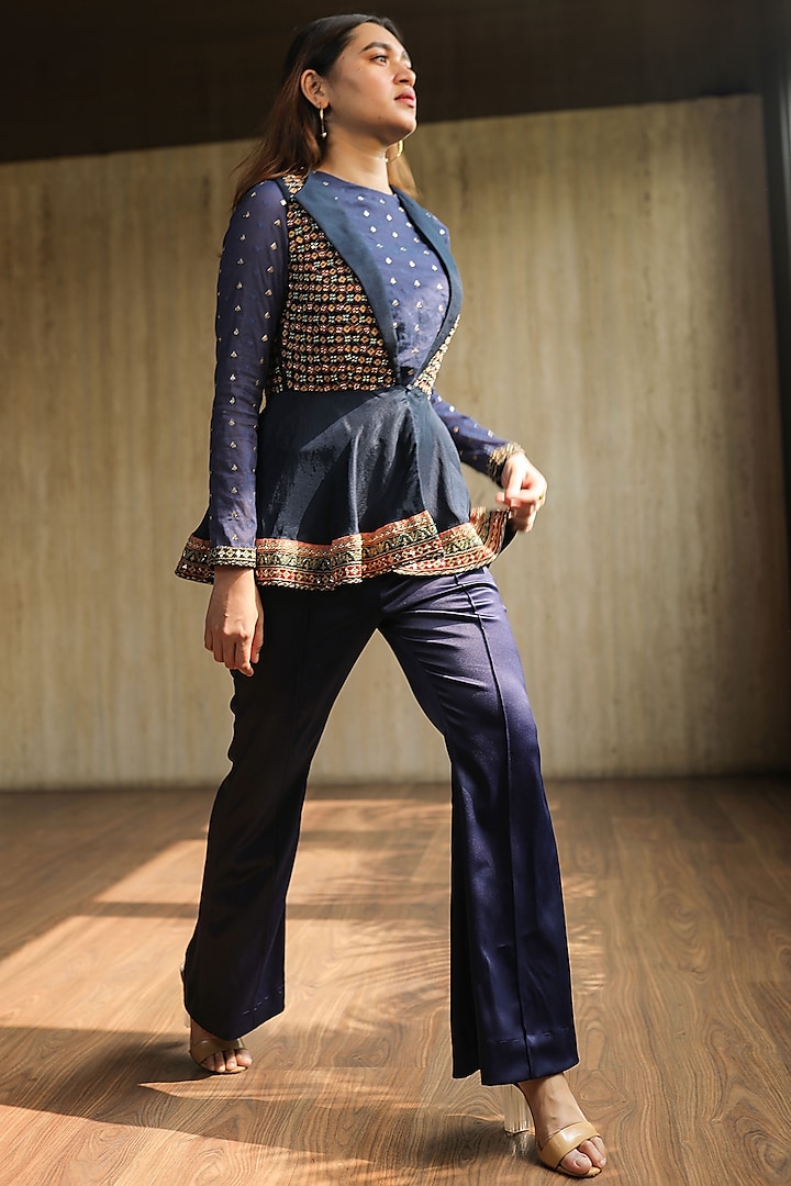 Indigo Blue Embroidered Jacket Set by THE HOUSE OF KOSH at Pernia's Pop Up Shop