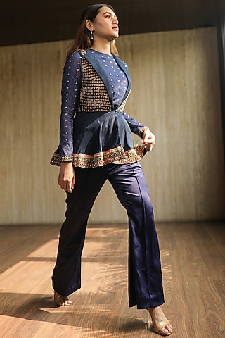 Indigo Blue Embroidered Jacket Set by THE HOUSE OF KOSH