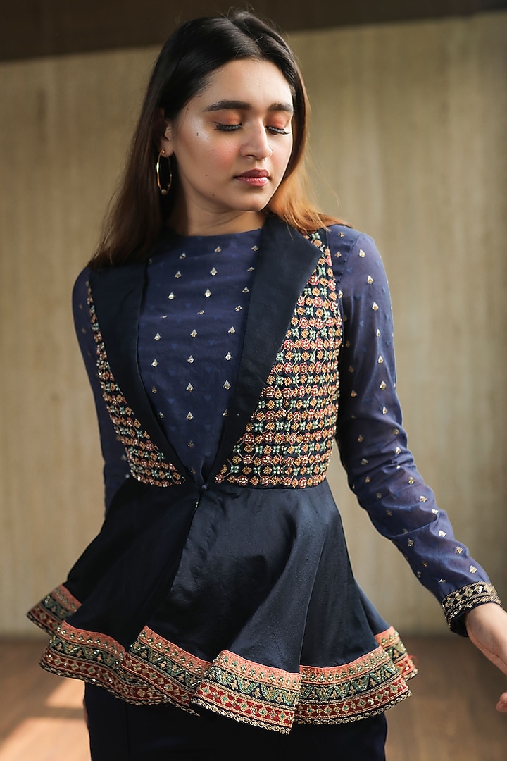 Indigo Blue Embroidered Jacket Set by THE HOUSE OF KOSH at Pernia's Pop Up Shop