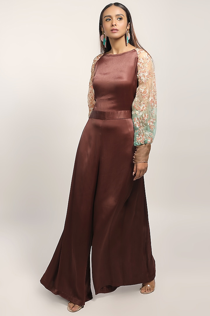 Brown Applique Embroidered Jumpsuit by THE HOUSE OF KOSH
