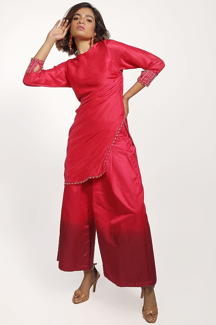 Fuchsia Embroidered Draped Kurta Set by THE HOUSE OF KOSH at Pernia's Pop Up Shop